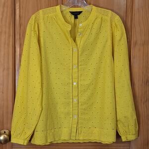 J. Crew Shirt Women's 8 Yellow 100% Cotton Mandarin Collar Eyelets Lace Trim
